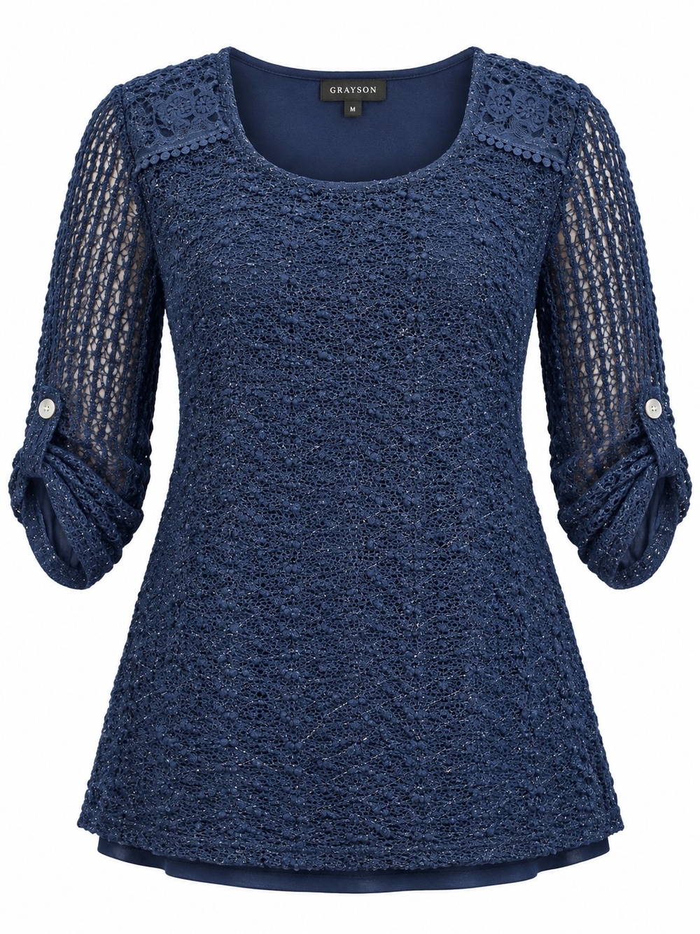GRAYSON | Navy Crochet Lace Metallic Layered Tank Tunic Roll Tab Top | M